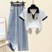 Lapel Polo Shirt Short-sleeved T-shirt New Loose High Waist Korean Wide-leg Pants Denim Suit_ecoleips.com