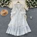 Women's Clothing V-neck Lace Stitching Waisted Long-sleeved Dress_ecoleips.com