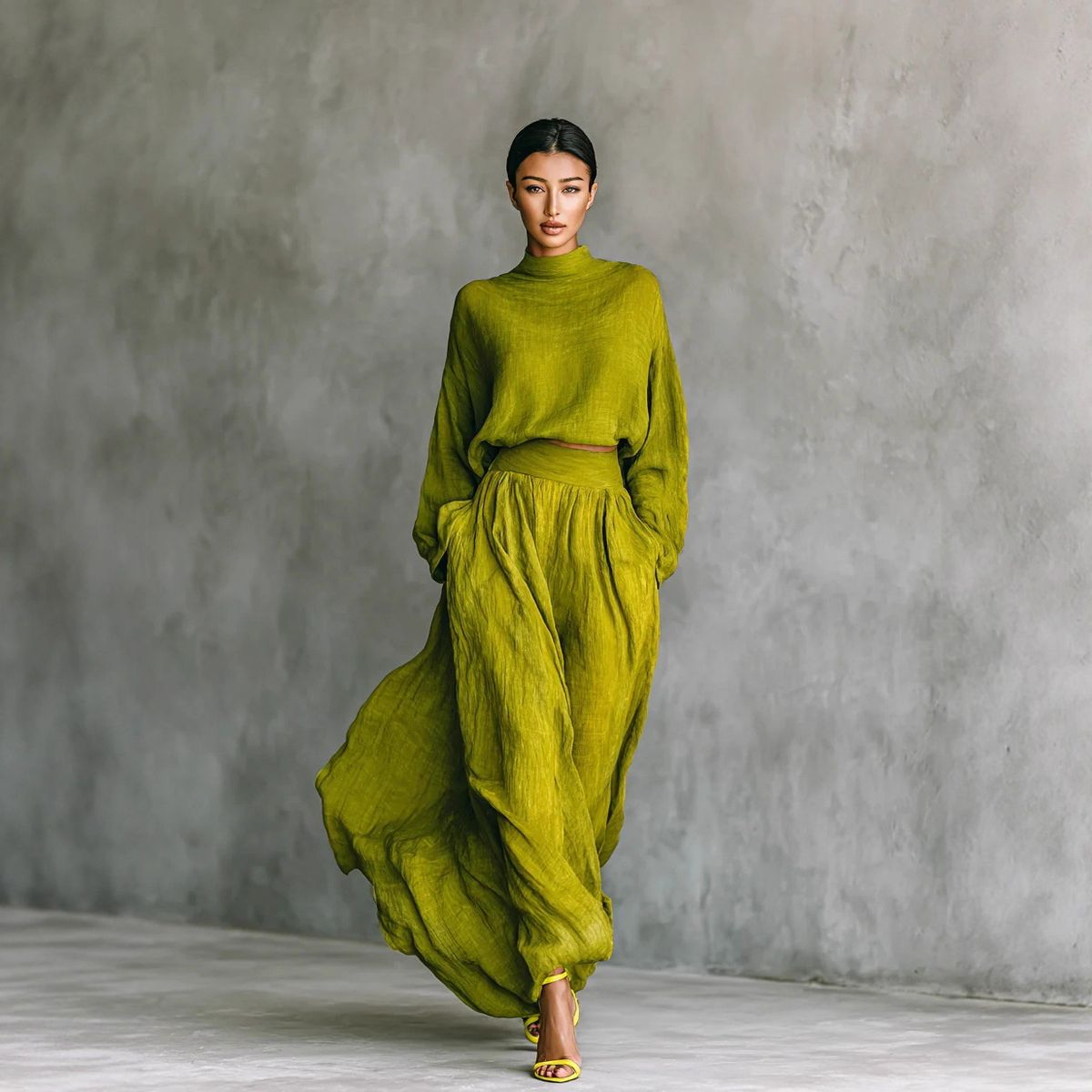 Women's Cotton Linen Pant Set High Neck Long Sleeve Top With Pleated Pocket Long Skirt Versatile Autumn Winter Casual Fashion_ecoleips.com