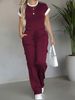 Women's Casual Two Piece Set Spring Summer Crew Neck Short Sleeve Top High Waisted Drawstring Loose Fit Cargo Pants_ecoleips.com