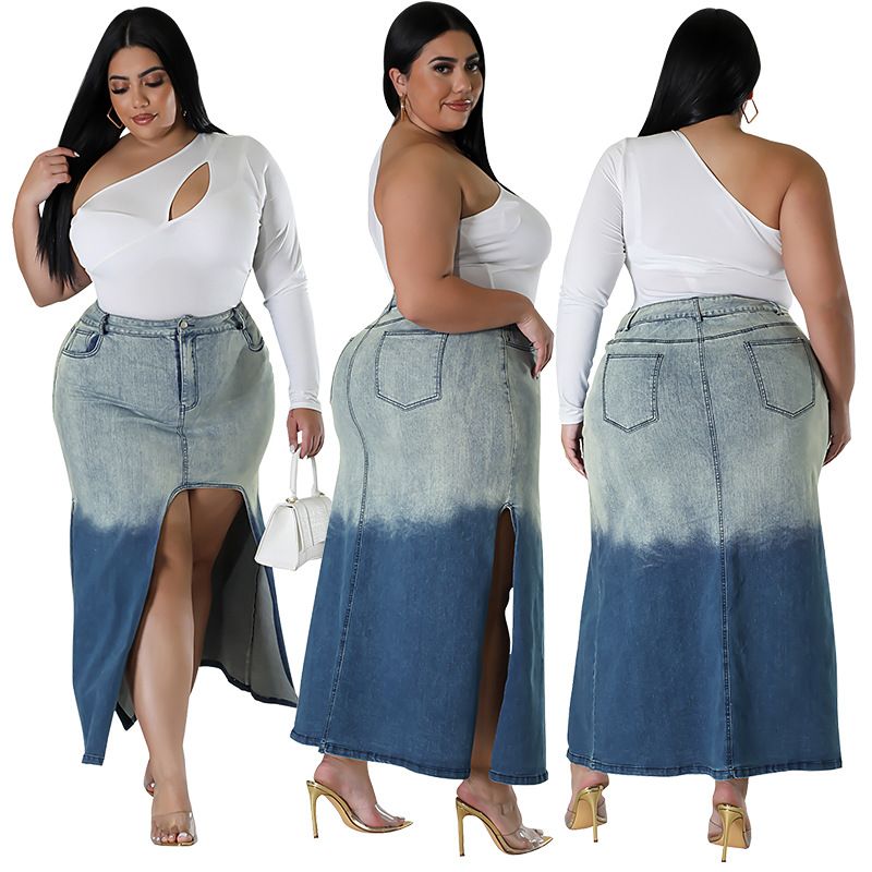 Women's Clothing Plus Size Women's Denim Skirt Woven Gradient Slit Skirt For Formal & Casual For Women Round Neck_ecoleips.com