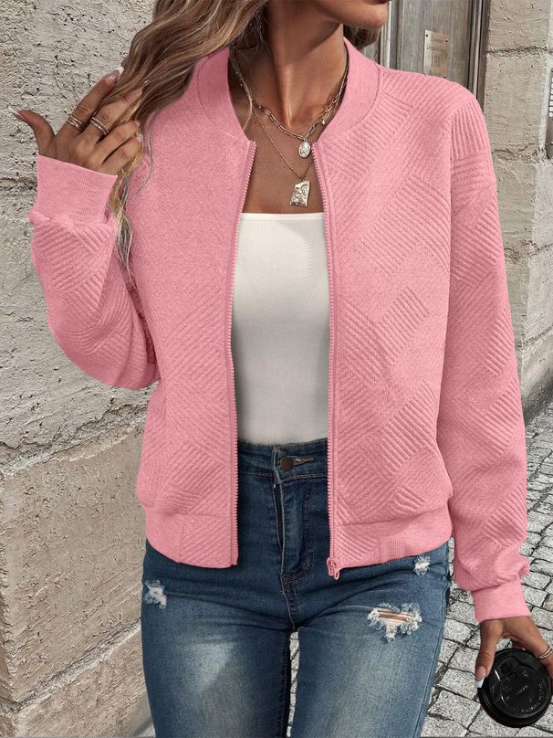 Women's Solid Color Zip-up Baseball Jacket Casual Outerwear With Stand Collar - Relaxed Fit, Lightweight & Stylish For Street Fashion_ecoleips.com