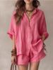 Women's Solid Color Button down Shirt And Shorts Set European American Style Spring/Summer Casual Fashion Loose Fit Pant Suit_ecoleips.com