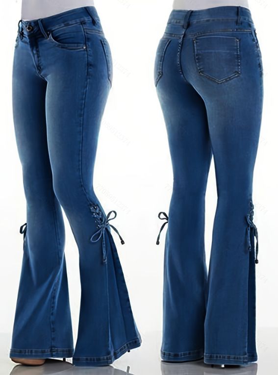 Women’s Clothing Jeans Mid Waist Tie Denim Trousers Stretch Jeans Women's Flared Pants_ecoleips.com