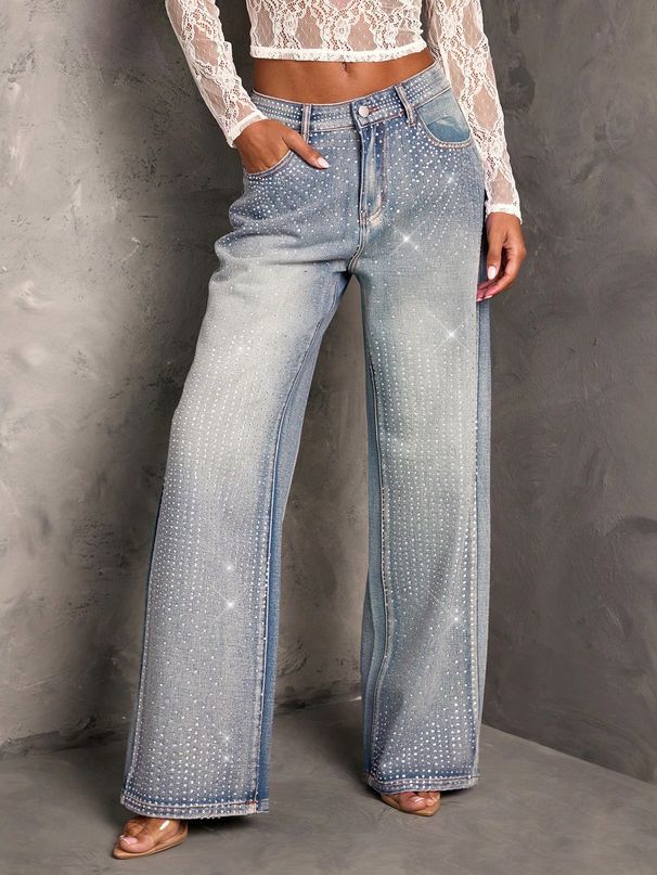 Women's Mid-Rise Wide Leg Jeans Retro Style Stamped Detailing Exclusive Cross Border Collection_ecoleips.com