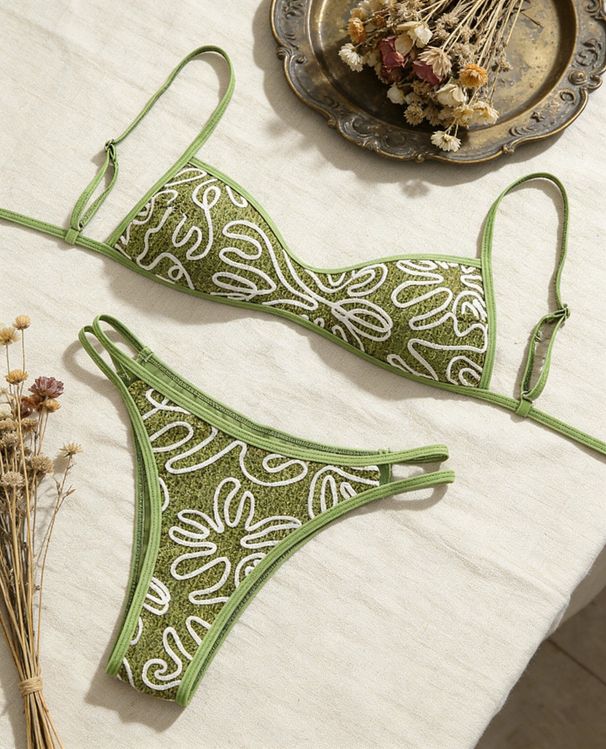 Shencai Cross-Border Olive Green Textured Adjustable Strap Two-Piece Swimsuit Bikini Aliexpress Tk542_ecoleips.com