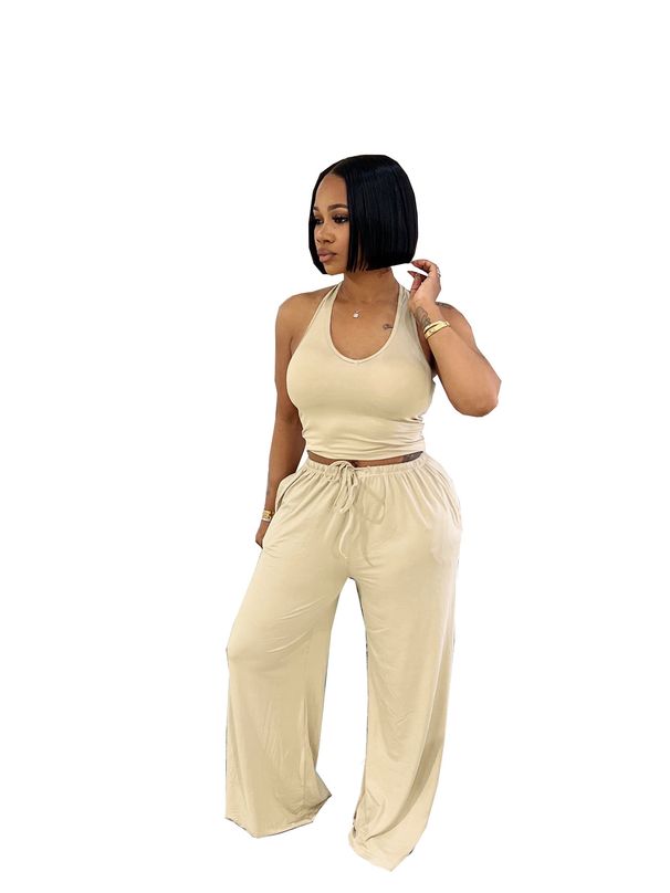 Women's Summer Casual Halter Neck Set High Waist Wide Leg Pants With Pockets Solid Color Streetwear For European And American Market TW839_ecoleips.com