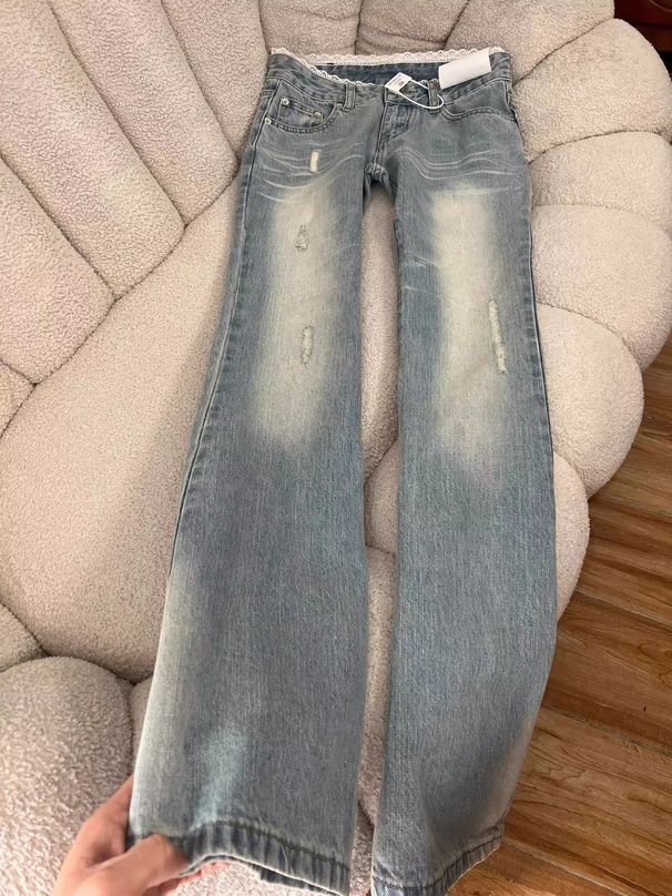 Aria Basics Vintage Washed Light-Colored Flared Jeans For Women, New Spring And Autumn Style, Lace Patchwork, Low Waist, Loose Fit,_ecoleips.com