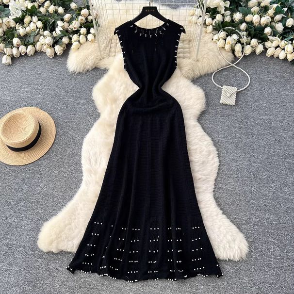 Beaded Hollow Out Women's Dress American Style Round Neck Slim Fit Waist Short Sleeve Summer Knit Dress_ecoleips.com