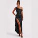 Women's Clothing Off Shoulder Satin Waist Dress Winter Irregular Hem Slit Long Skirt_ecoleips.com