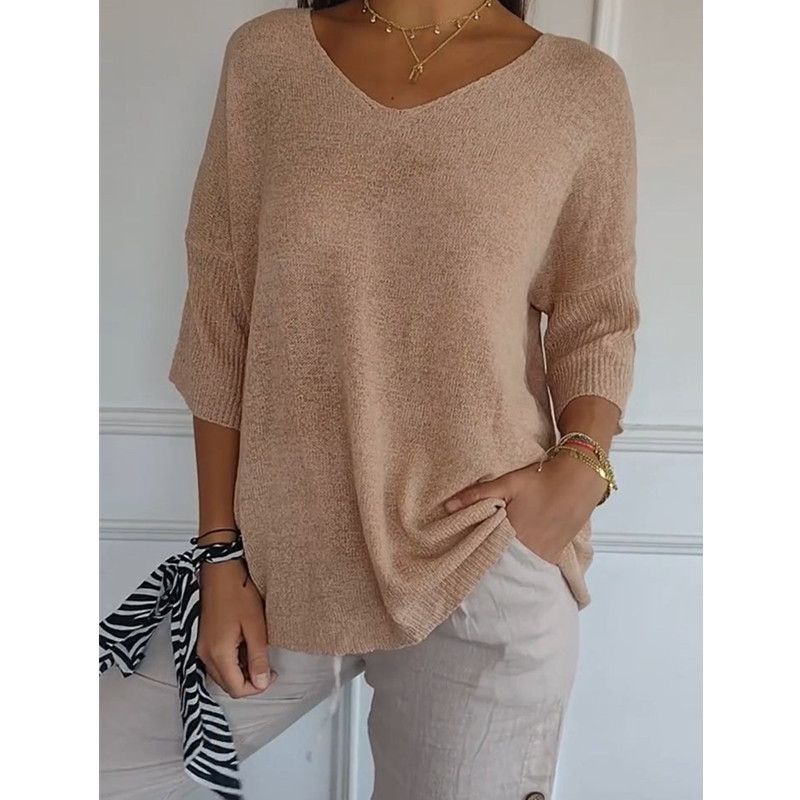 Basic Casual Knit Sweater With Slimming V-Neck And 7/10 Sleeves In Solid Color, Perfect For Women's Undergarments_ecoleips.com