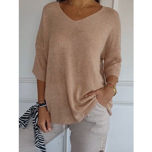 Basic Casual Knit Sweater With Slimming V-Neck And 7/10 Sleeves In Solid Color, Perfect For Women's Undergarments_ecoleips.com