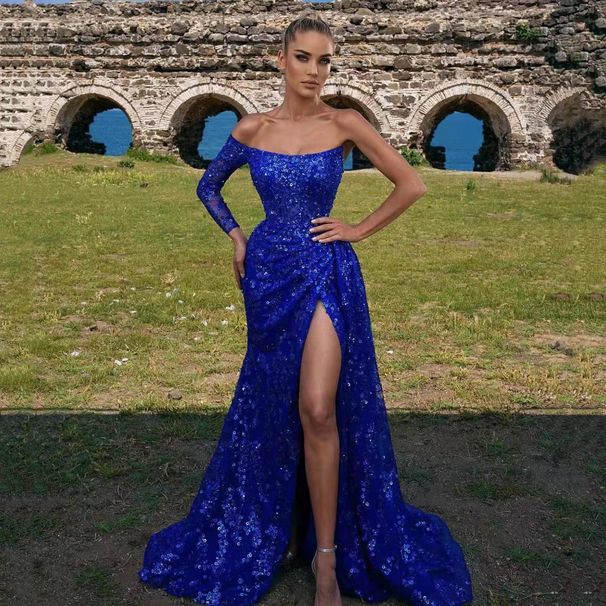 Spring And Summer New European And American Women's Sexy Sequin Strapless Vented Dress Evening Dress_ecoleips.com