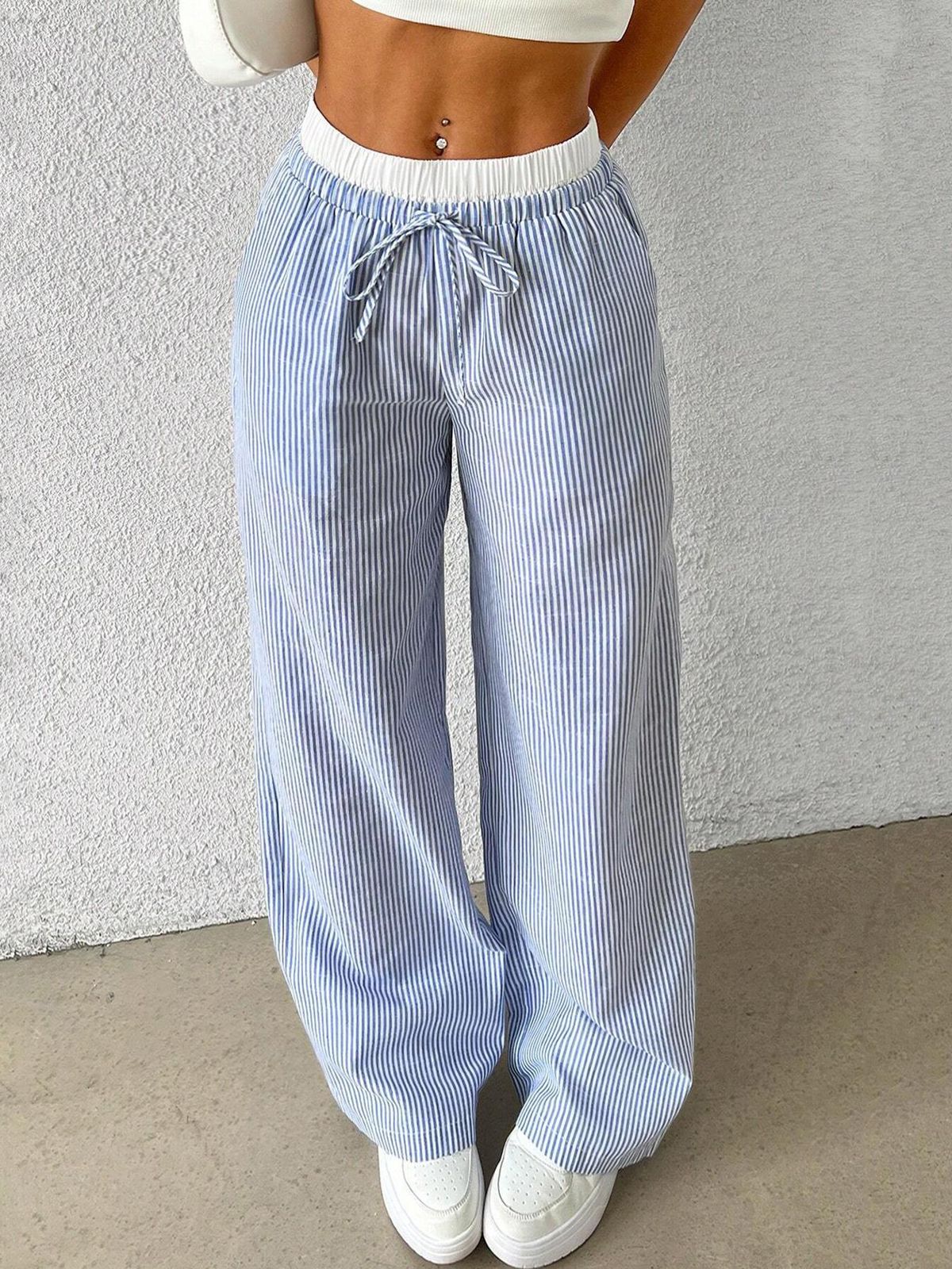 K New Women's Fashion Striped Plaid Patchwork Loose Wide-leg Pants Casual Pants_ecoleips.com