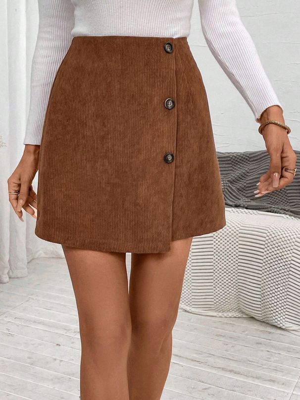 Voya 2026 Women's Elegant And Intellectual Corduroy High Waist Slimming Front Irregular A-line Short Skirt Half Skirt_ecoleips.com