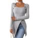 Women's Plain-Colored Long-Sleeved Knitted Square-Necked T-Shirt With Irregular Design_ecoleips.com