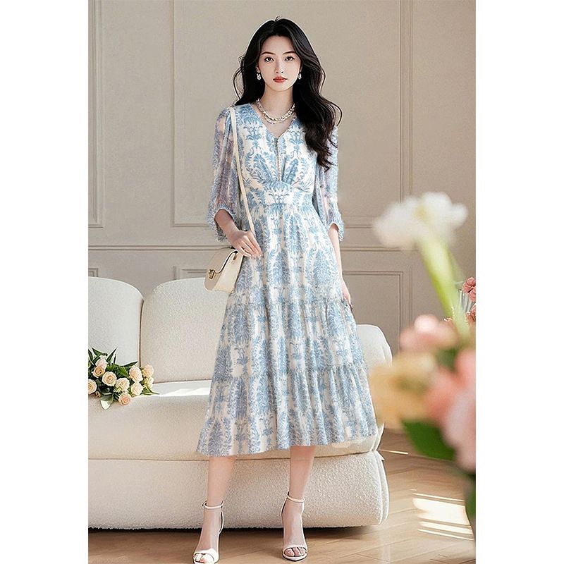 V-Neck Floral Dress Women's French Waist Slimming A-Line Midi Skirt_ecoleips.com