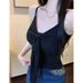 Sweet And Spicy Girl Bow Tie Strap Ruched Camisole For Women, Spring/Summer Design, V-Neck Slim Fit With Chest Pads,_ecoleips.com