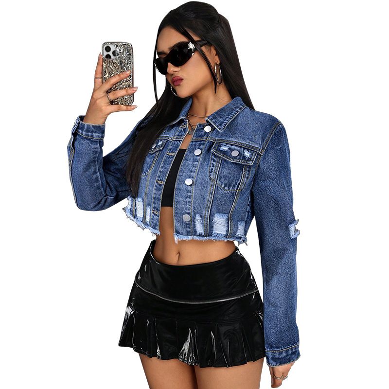Women's Distressed Denim Jacket With Fringe Detail - Slim Fit Long Sleeve Blue Denim Shirt For Casual & Office Wear_ecoleips.com