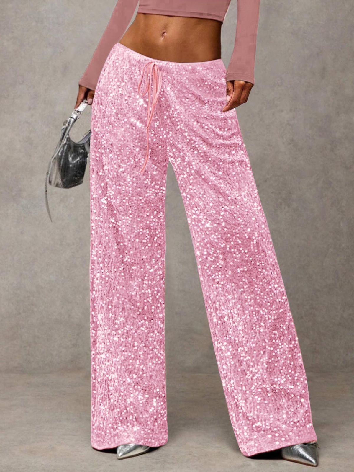 Glitter Wide Leg Pants With Drawstring - Stretchy High Waisted Trousers For Women, Trendy Casual & Party Wear_ecoleips.com