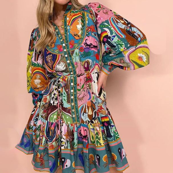 Women's Printed Turn-Down Collar Lantern Sleeve Ruffled Vintage Pleated Dress_ecoleips.com
