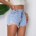 Women's Pearl-Embellished Denim Shorts – Classic Mid-Rise Straight Cut For Casual & Office Wear (Medium Blue/Light Blue, S-XL)_ecoleips.com