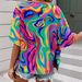 Fashion Printed Women's Clothing Elegant Bat Sleeve Loose Shirt Button V Neck Top_ecoleips.com