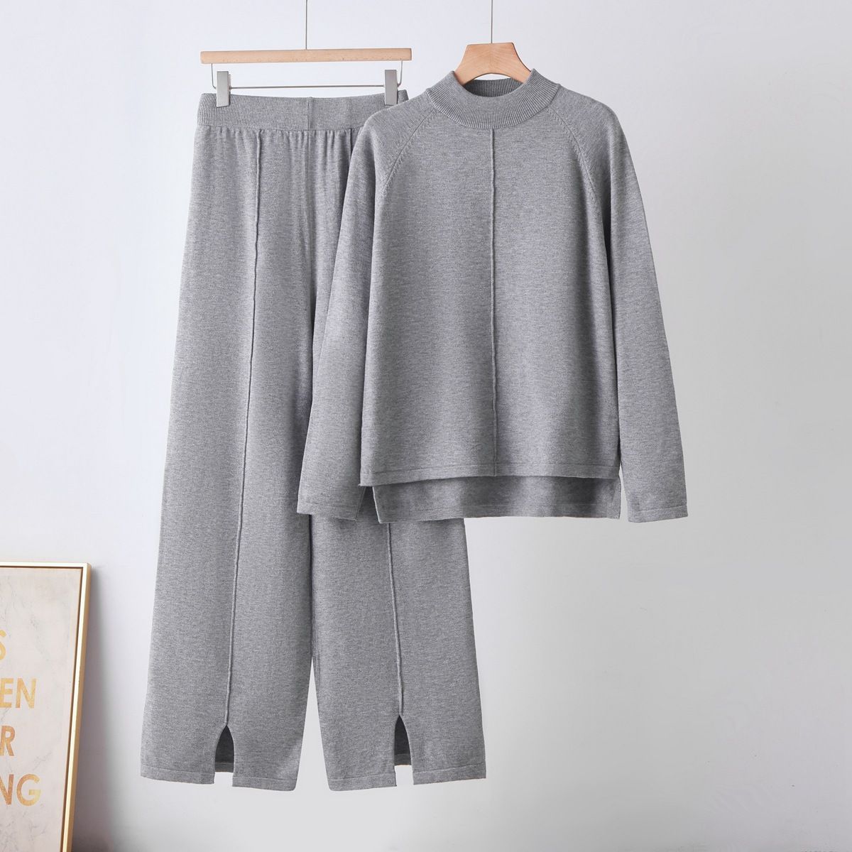 Women's Autumn/Winter Two Piece Set European American Style Loose Pullover Sweater And Slit Wide Leg Pants Solid Color Knitted Suit_ecoleips.com