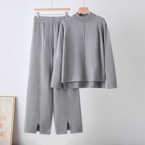 Women's Autumn/Winter Two Piece Set European American Style Loose Pullover Sweater And Slit Wide Leg Pants Solid Color Knitted Suit_ecoleips.com