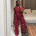 European American Women's Fashion Printed Short-sleeve Drawstring Waist Slimming Shirt And Wide-leg Pants African-style_ecoleips.com