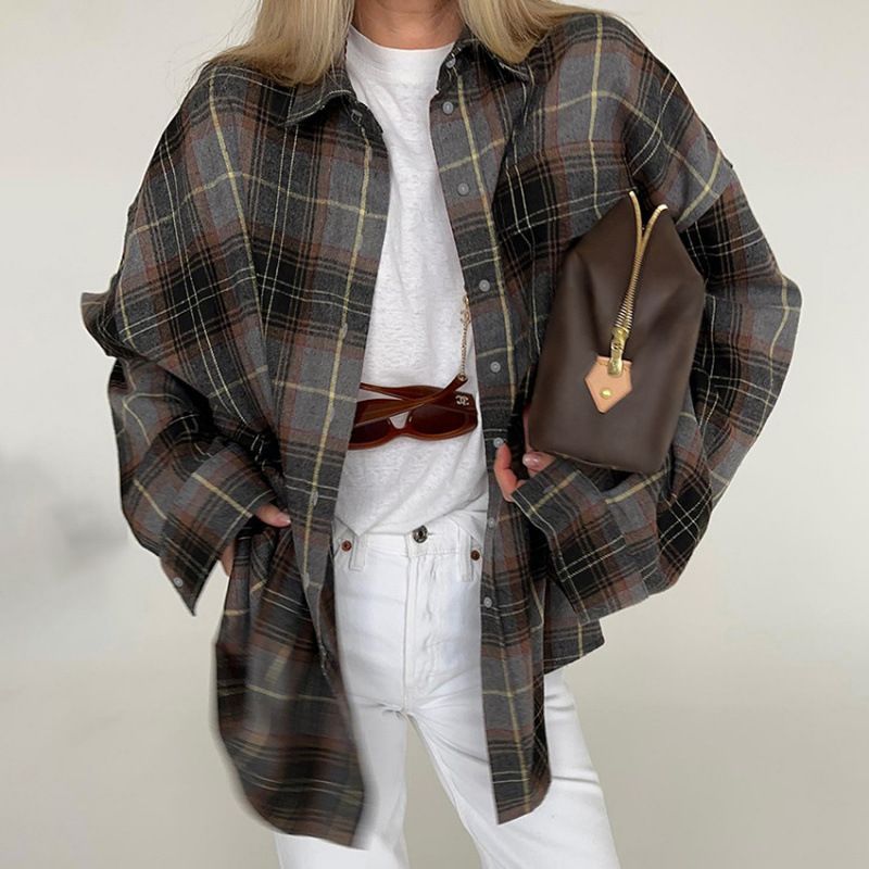 Summer Checkered Long-Sleeved Shirt With Retro Relaxed Style, Versatile And Easy To Pair With Checkered Jackets_ecoleips.com