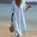 Summer Women's V Neck Dress Solid Color Lace Long Gown American Style Vacation Fashion New_ecoleips.com