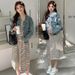 Autumn New Korean Fashion Striped Knitted Vest + Denim Jacket Maternity Dress_ecoleips.com