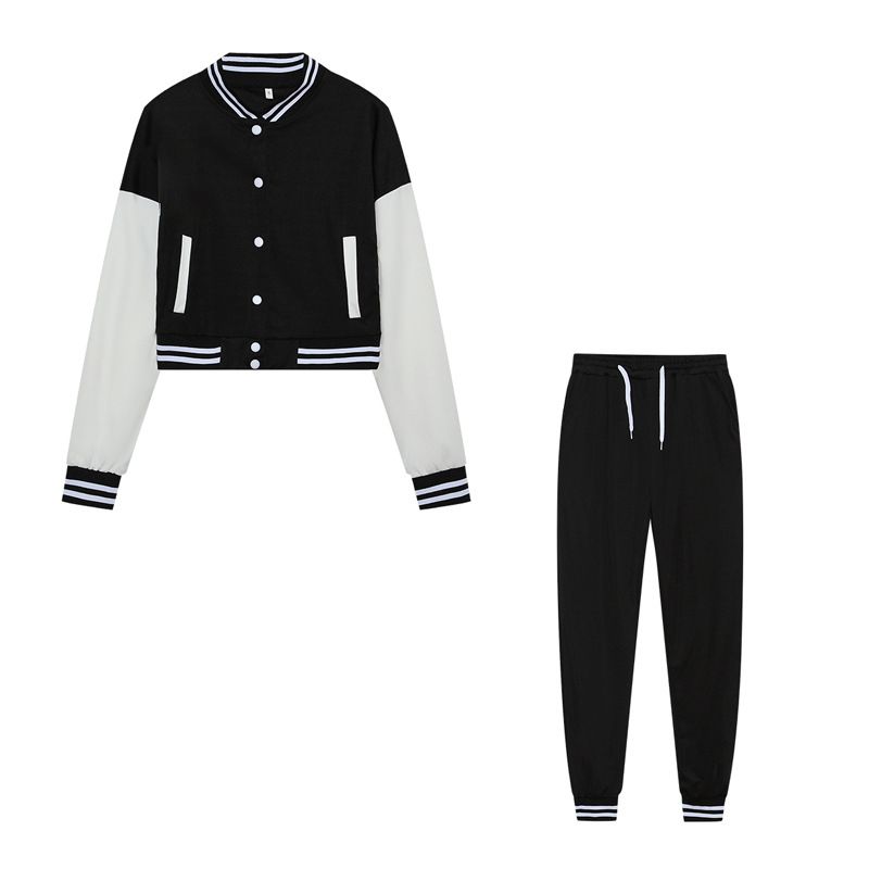 Women's Patchwork Jacket Baseball Suit Sportswear Two-Piece Set Single Breasted Trendy Clothing_ecoleips.com