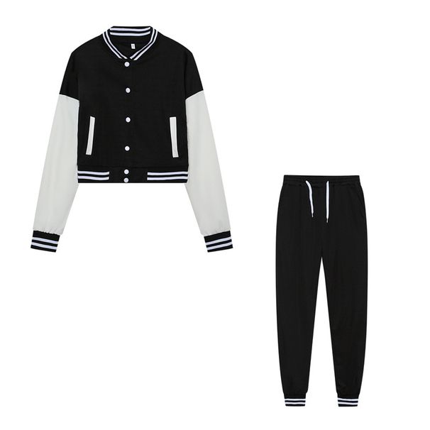 Women's Patchwork Jacket Baseball Suit Sportswear Two-Piece Set Single Breasted Trendy Clothing_ecoleips.com