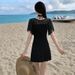 Women's One Piece Swimdress V Neck Sheer Lace Flare Sleeve Tummy Control Modest Summer Beach Vacation Bathing Suit Swimwear_ecoleips.com