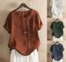Summer Retro Women's Crew Neck Short Sleeve T-Shirt plus Size Casual Loose Button Cotton Linen Pullover Top Solid Color_ecoleips.com