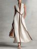 Summer Elegant V-neck Lace-Up Waist Maxi Dress Fashion Color Block Draped Long Dress Casual Sleeveless Cotton Linen Party Dress_ecoleips.com