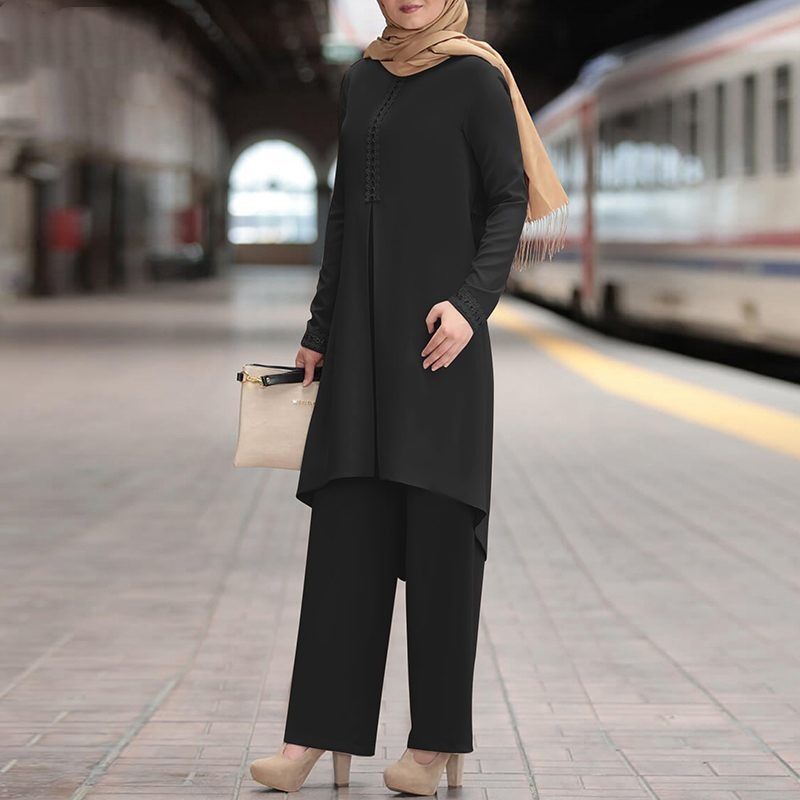 Muslim Fashion Women's Spring Autumn New Solid Color Long Sleeve Lace Placket Round Neck Top And Pants Set Black_ecoleips.com