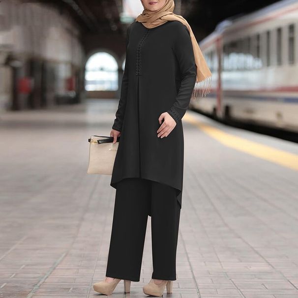 Muslim Fashion Women's Spring Autumn New Solid Color Long Sleeve Lace Placket Round Neck Top And Pants Set Black_ecoleips.com