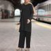 Muslim Fashion Women's Clothing Spring Autumn New Solid Color Sleeve Lace Placket Round Neck Top And Long Pants Set_ecoleips.com