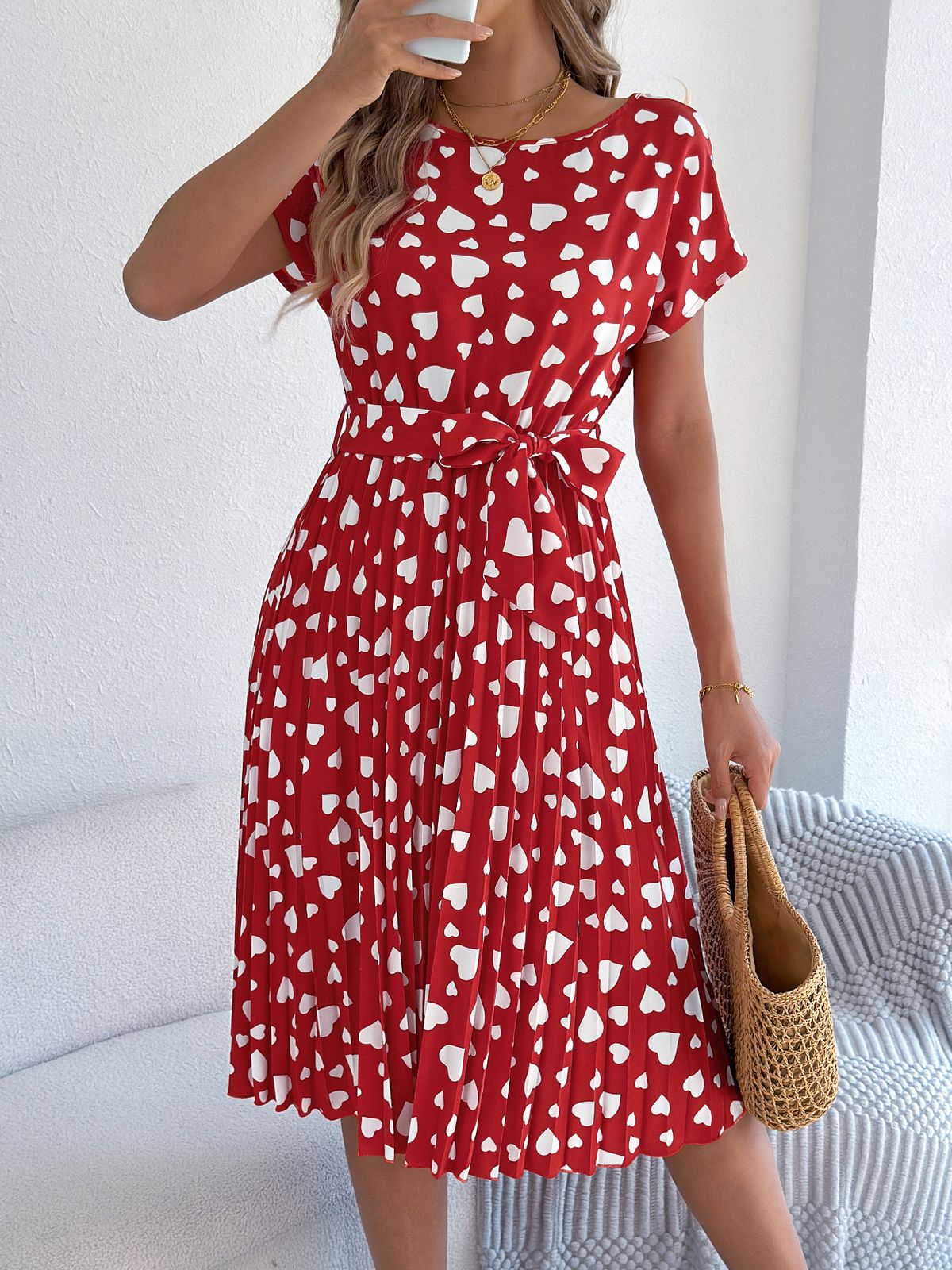 Valentine's Day Gift: Spring/Summer Casual Color-Block Heart Print Short-Sleeve Waist-Cinching Pleated Dress -_ecoleips.com