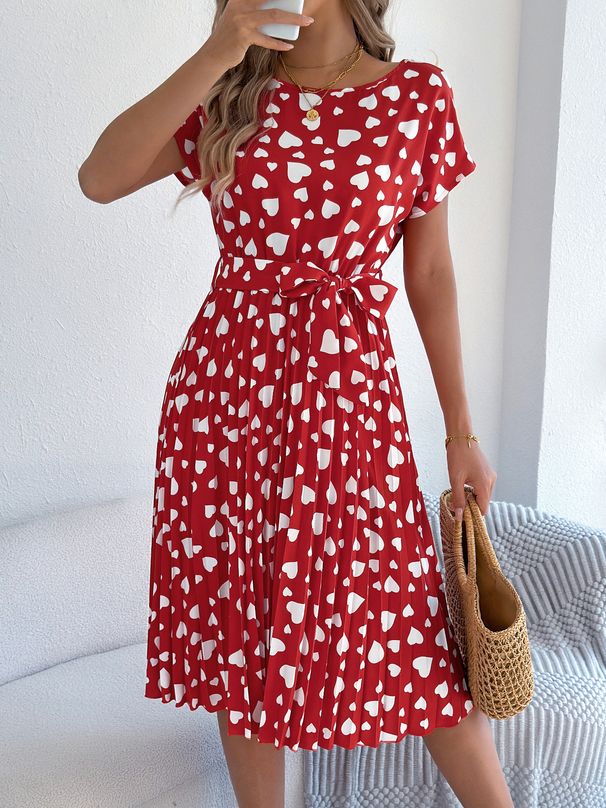 Valentine's Day Gift: Spring/Summer Casual Color-Block Heart Print Short-Sleeve Waist-Cinching Pleated Dress -_ecoleips.com