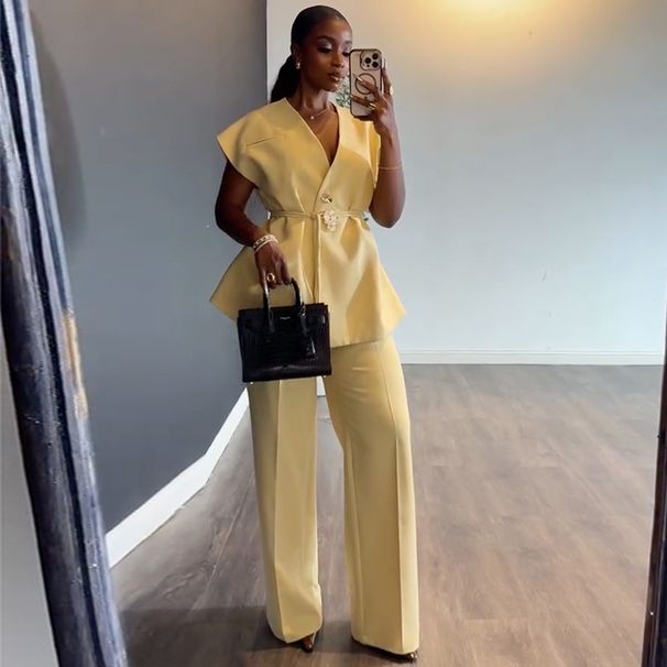 Women's Fashion V Neck Tie Waist Short Sleeve Vest Top And Wide Leg Trousers Set European American Style Spring_ecoleips.com