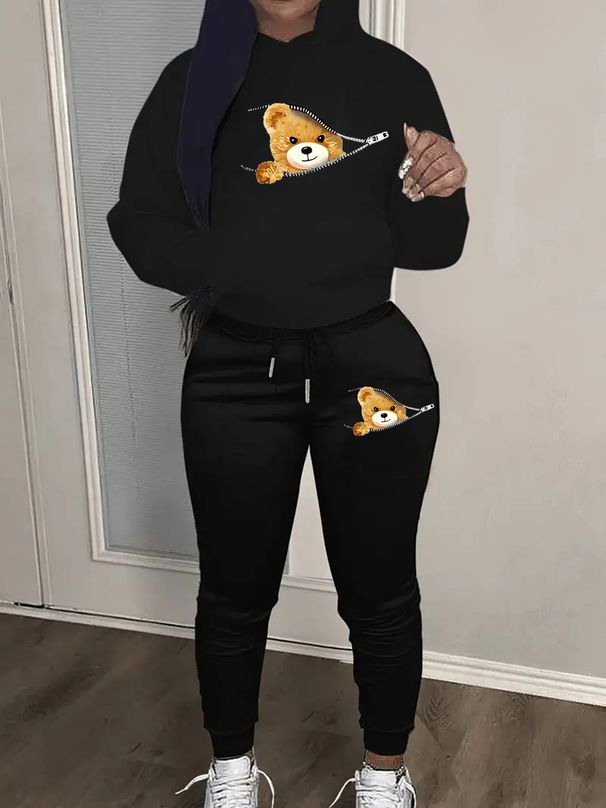 Women's Autumn And Winter Casual Fashion Bear Zipper Cartoon Pattern Printed Thick Fleece Warm Hooded Sweatshirt+sports Pants Set-751_ecoleips.com