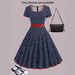 Vintage-Inspired Polka Dot Square Neck Short Sleeve Zipper Pleated Midi Dress For Women, Elegant A-Line Swing Skirt For Casual & Office Wear_ecoleips.com