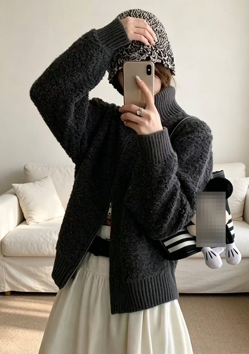 Women's Knitted Cardigan Simple Stand Collar Double Zipper Casual Versatile Top Sweater For Autumn Winter New Style_ecoleips.com
