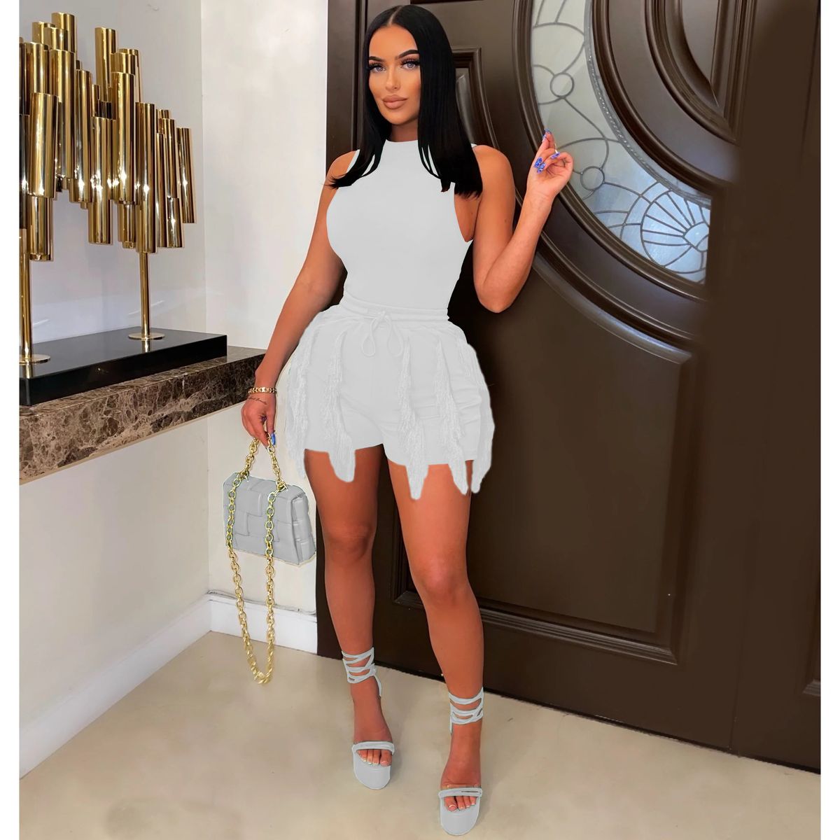 K European And American Women's Sleeveless Vest With Drawstring Tassel Casual Solid Color Two-piece Set. No Accessories_ecoleips.com