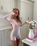 Women's Clothing New Sweet Pink Small Floral Bodysuit Female Hot Girls Outerwear Long Sleeve Bodysuit Shorts V Neck Summer_ecoleips.com