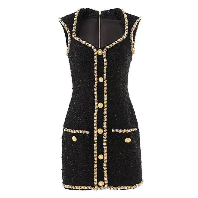 K High End Nail Bead Coarse Tweed Pearl Trimmed Sleeveless Dress With Cinched Waist And Socialite Style Short Skirt_ecoleips.com